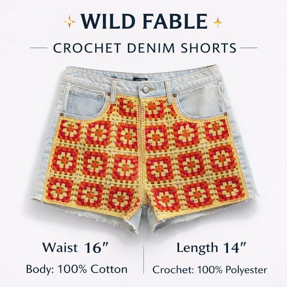 wild fable Pants - Wild Fable Crochet Denim Shorts Women’s Boho Granny Square Festival Size 10